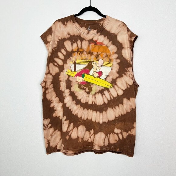 Upcycled Bleach Tie Dye Disneyland Grumpy Surf Graphic Muscle Tee Tank Mens 2XL - Picture 1 of 6